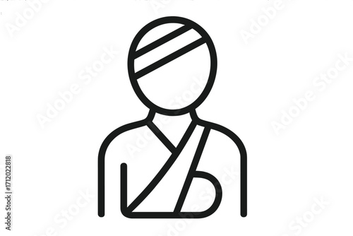 Injured person icon with head bandage and broken arm in a sling. Patient with trauma from an accident. Vector for healthcare, medical, first aid, and emergency services.