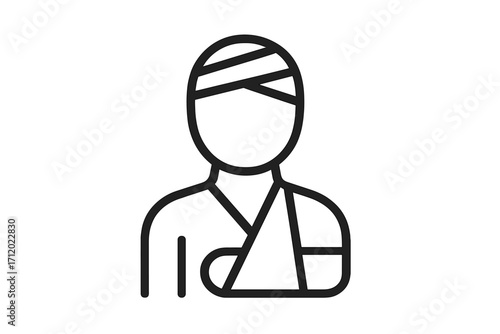 Injured person icon. Patient with head bandage and broken arm in a sling. Medical concept for accident, injury, first aid, emergency, trauma, hospital, insurance. Vector.
