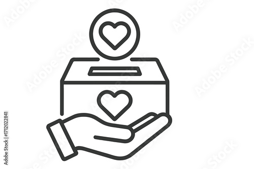 Donation icon concept of charity and volunteering. Hand holding a donation box with a heart coin. Symbol of giving, support, help and love. Vector linear illustration.