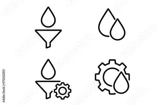 Oil drop, water filter, and gear vector icon set. Minimal outline symbols for lubrication, purification, and data funneling process. For web, apps, and graphic design.