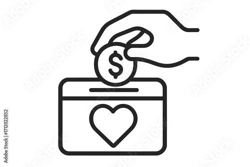 Donate icon. Hand putting dollar coin in a charity box with a heart symbol. Concept of giving money, support, help, and love. Philanthropy, fundraising, and volunteerism.
