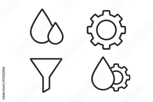 Oil change and fluid service icon set. Vector outline symbols of a drop, gear, and funnel for engine lubrication, industrial mechanics, car maintenance, and fuel filter concepts.