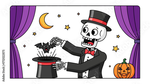 Halloween Magic Trick: A charming Halloween illustration of a skeleton magician performing a magic trick with a bat, conjuring a sense of mystery and amusement.