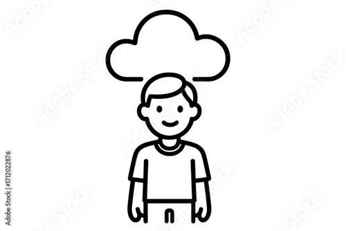 Man with cloud above head. Concept of cloud computing, data storage, online services. Cheerful character thinking, daydreaming. Psychology metaphor. Outline vector icon.