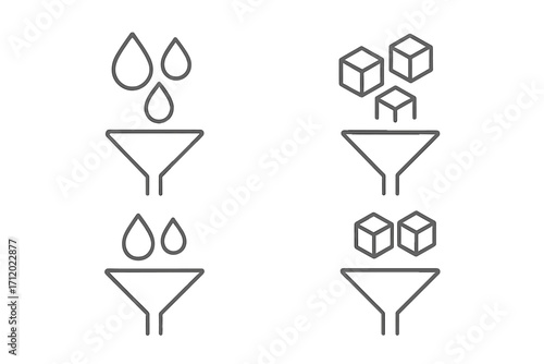 Filter funnel icon set for data processing, liquid purification, and sorting. Minimalistic line art pictogram for conversion, input-output, and sales concepts. Vector.