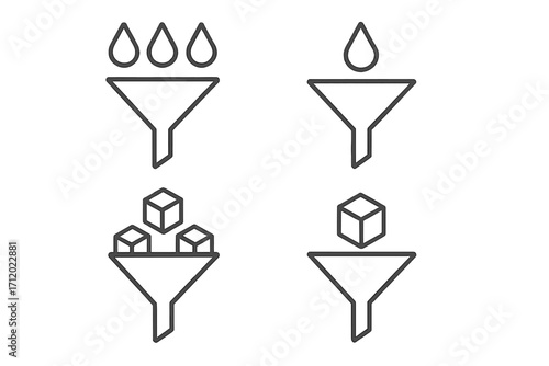 Data filtering and lead conversion funnel concept. Minimalist line icons of simplification, sorting information, and processing from input to output. Vector pictogram set.