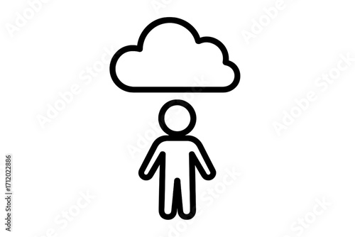 Metaphor for depression, anxiety, bad mood. Sad person with a cloud over head. Cloud computing technology icon. Thinking, brainstorming, imagination, data storage concept vector.