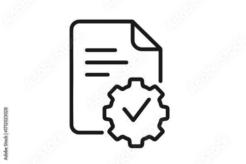Project management task complete icon. Document processing and workflow automation concept. Settings configuration, quality control check, and approved process symbol for web.