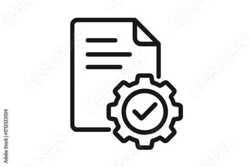 Process automation icon. Document processing and workflow management symbol. Project execution and task completion sign. Gear with checkmark for quality control and approval.