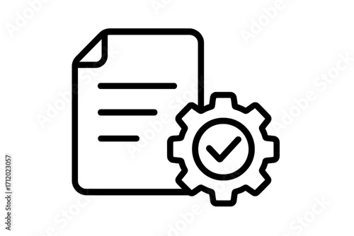 Task automation and document management icon. Concept for project completion, workflow processing, and successful execution. Gear with checkmark for compliance and verification.