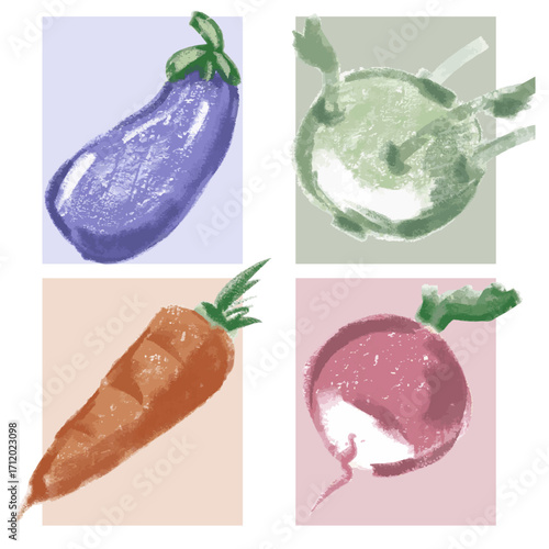 Pastel vegetables. Hand draw with texture. Sketch, Artistik  and original. Eggplant, radish, carrot, kohlrabi. Vector, isolated.