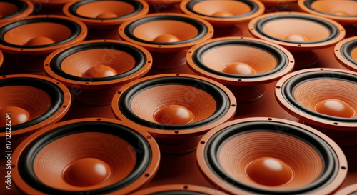 Array of Orange Speakers with Black Surrounds a Sound System Configuration Audio Equipment in Pattern
