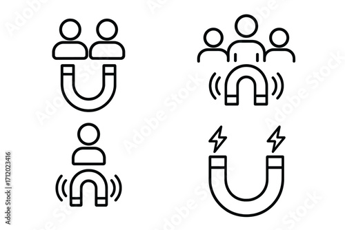 Lead generation magnet icon set. Customer acquisition and retention concept. Attracting audience, users, clients for business marketing. Inbound leads pictogram collection vector.