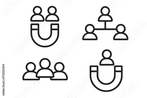 Lead generation icon set. Inbound marketing, customer acquisition concepts. Magnet attracting people. Team hierarchy, group symbol, audience engagement, user retention vector icons.