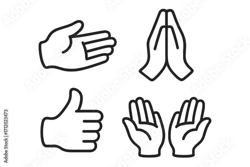 Hand gestures vector icon set. Linear symbols collection. Praying hands, thumbs up like gesture, stop sign, and offering or begging hands. Minimalist outline illustration.
