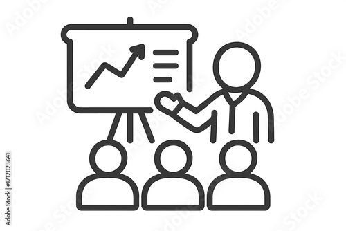 Business presentation line icon. Corporate training concept. Speaker at conference with audience. Leader presenting growth chart, report analysis. Team meeting vector symbol.
