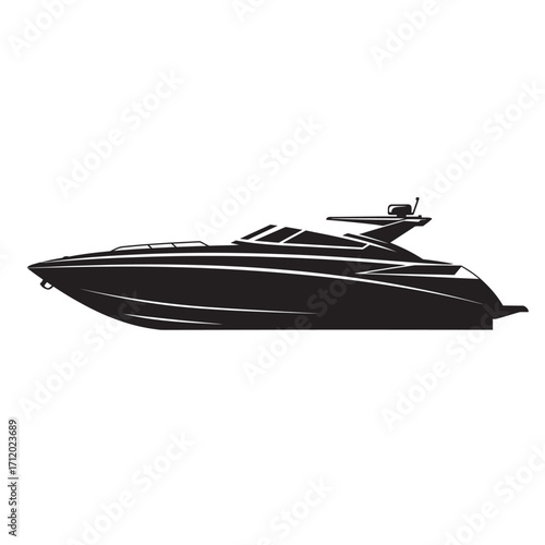 black and white silhouette of a speedboat vector on a white background