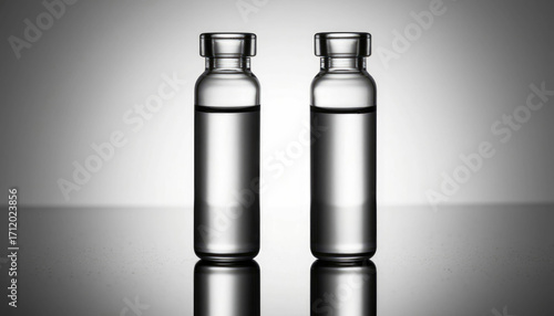Wallpaper Mural Macro shot of two small glass vials of clear liquid with caps, casting glare on a black reflective surface. Torontodigital.ca