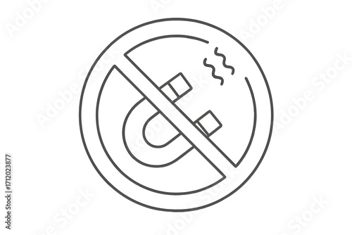 Magnet prohibited warning sign. No strong magnetic fields. Danger, caution symbol for pacemaker safety or restricted MRI areas. Forbidden access. Vector thin line icon.