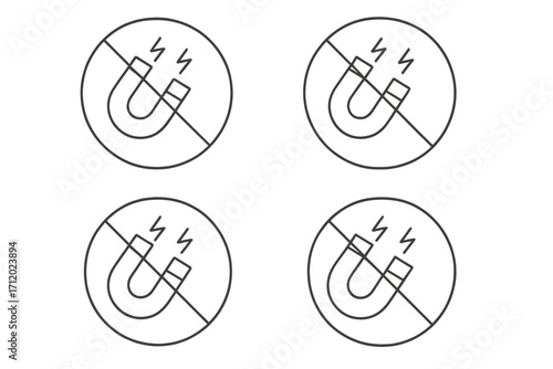 No magnet warning sign. Prohibited magnetic field symbol. Safety icon for pacemaker, medical equipment. Danger area notice. Thin line vector illustration for caution signs.