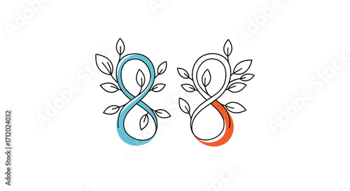 Two stylized number eight symbols adorned with leaves and branches representing nature and growth.