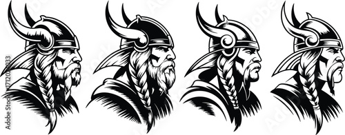 Viking warrior illustrations, Norse profile, horned helmet, braided beard, fierce expression, black and white, mythology icon, tribal design, ancient strength, battle face