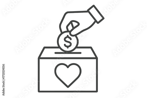 Donation concept linear icon. Hand putting dollar coin in a charity box with heart symbol. Giving money for help and support. Philanthropy, fundraising, savings and investment.