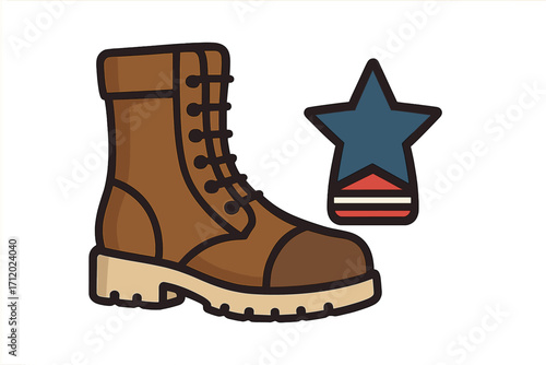 Military boot and USA star insignia icon. Vector cartoon illustration for Veterans Day or Memorial Day. Symbol of army soldier service, patriotism, and honor. Flat design concept.