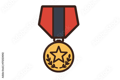 Military medal of honor with star and laurel wreath. Army award for bravery and achievement. Soldier's gold insignia. Flat vector icon for Veterans Day and patriotic events.