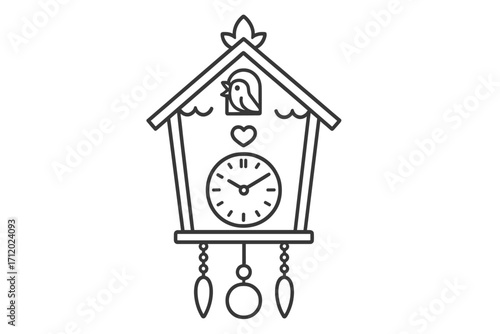 Cuckoo clock line icon. Traditional wooden wall watch with a bird. Retro German, Swiss home decor symbol. Vector outline illustration for time concepts, antique design ideas.