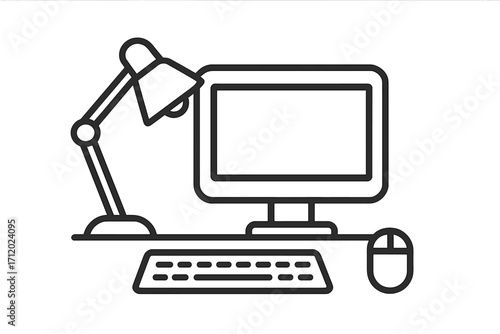 Workspace line icon with desktop computer, keyboard, mouse, and lamp. Office desk setup vector. Remote work, freelance, and home office concept. Business graphic illustration.