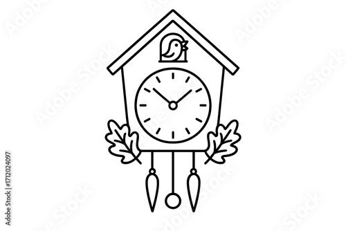 Cuckoo clock line icon. Traditional german or swiss wall clock from black forest. Vintage timepiece with bird. Retro home decor vector symbol. Outline illustration sign.
