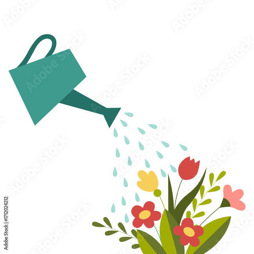 Watering Can Pouring Onto Blooming Colorful Flowers