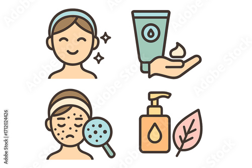 Skincare concept icons set with clear skin face, acne inspection, moisturizing cream application, natural skincare lotion, beauty, health, skincare routine illustration vector