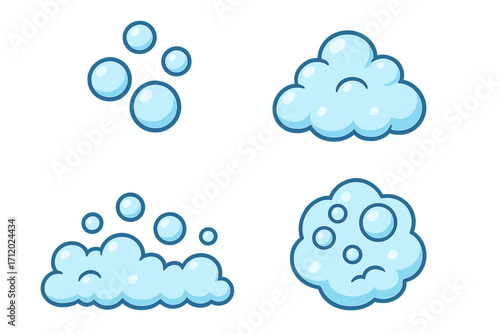 Vector cartoon illustration of bubbly foam and soap bubbles set, transparent background, graphic design elements for apps and creative concepts, clean bubble icons collection