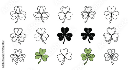 A collection of hand-drawn shamrocks in various styles and colors for holiday design.