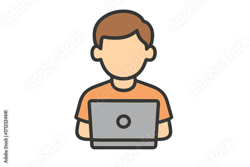 Simple icon of freelancer user on laptop working remotely, digital nomad concept, online work, technology and productivity illustration, vector cartoon style with transparent background