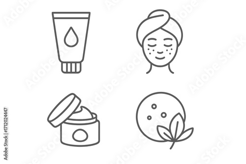 Minimalistic thin line skincare icons set with face care, cream jar, tube, herbal natural cosmetic, beauty treatment, skin care routine, anti-aging concepts
