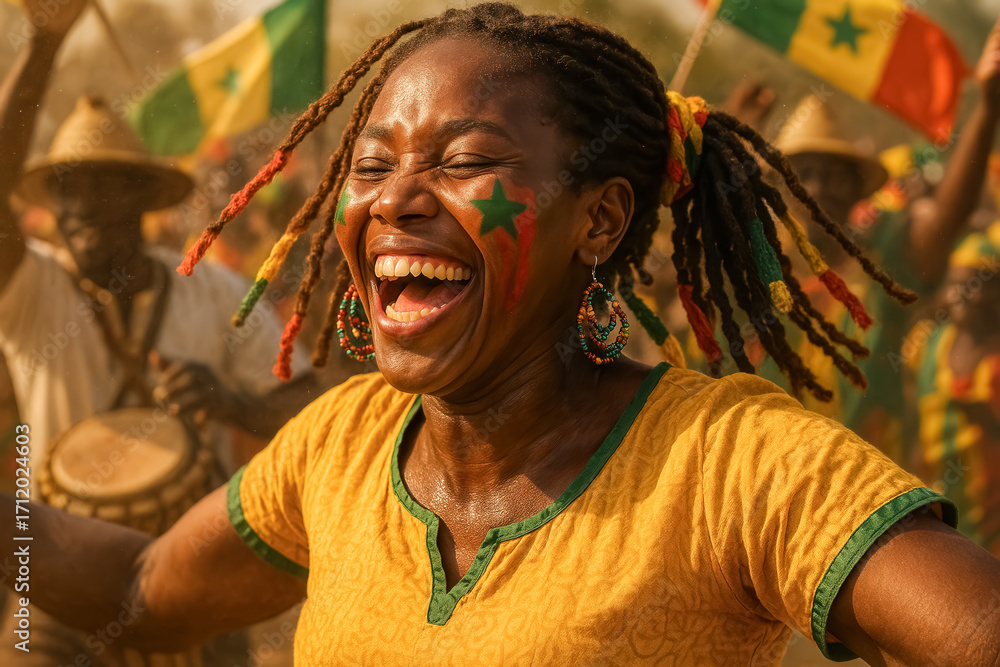 Obraz premium Joyful Senegalese woman with face paint dancing in stadium crowd