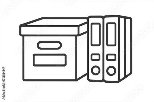 Workspace icon with storage box and binders, linear style vector illustration, organized office supplies, file storage, document management, transparent background, office work essentials