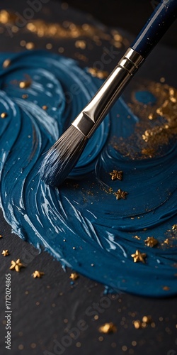 Focus on the art of painting, with a brush creating a beautiful swirl of dark blue and golden elements.