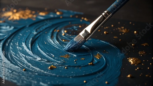 An artistic process captured in detail, a brush painting a dynamic swirl with deep blue and gold accents