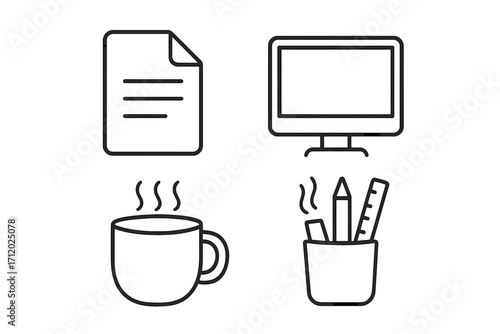 Minimalist workspace icon set with document, computer monitor, steaming coffee cup, and pencil holder in linear style, home office, work productivity, creative workspace concept vector illustration