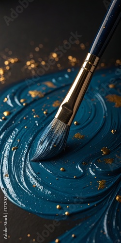 ​A painter's brush applies rich, dark blue paint in a circular motion, highlighted by shimmering gold.