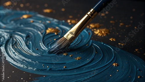 A painter's brush with dark blue paint and gold flakes, creating a rich and vibrant abstract design.