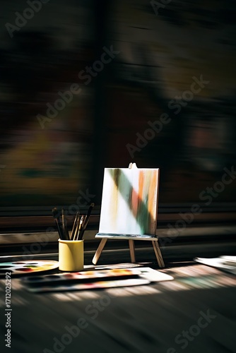 A painter's workspace with a small easel, an abstract painting, and a cup of paintbrushes.