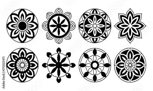 “Sand Mandala Tibetan Art Vector Set – 8 Black Silhouette Sacred Mandalas, Buddhist Symbols, Sharp Edges, Scalable Illustration”