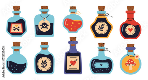 A collection of magical potions in glass bottles with cork stoppers.