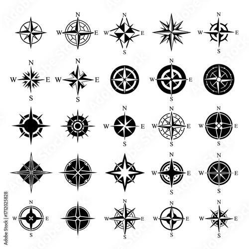 A Variety of Compass Rose Icon Designs for Nautical Themes and Geographic Illustrations