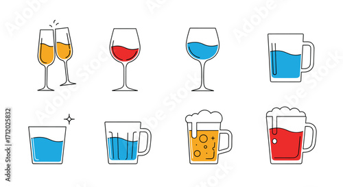 Collection of assorted alcoholic and non-alcoholic beverages served in various glasses and mugs.